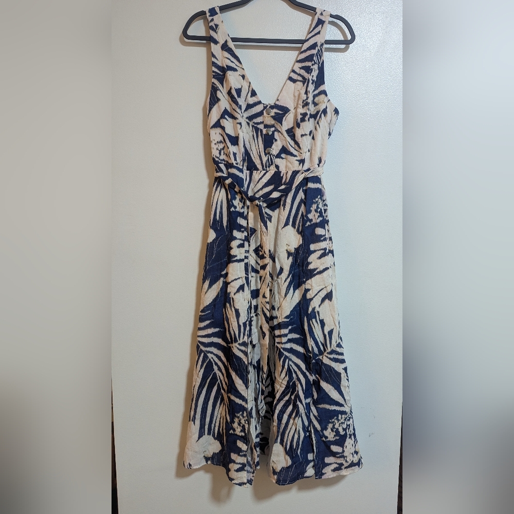 🌸 DKNY Navy Blue White Sleeveless Tropical Midi Tie Waist Sundress‎ Size 10
